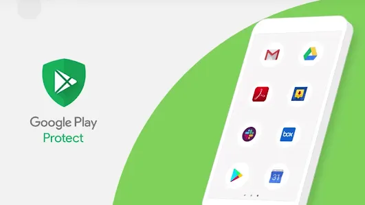 A promotional graphic for Google Play Protect showing a white smartphone with several app icons on its screen, set against a minimalist green and white backdrop.