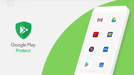 A promotional graphic for Google Play Protect showing a white smartphone with several app icons on its screen, set against a minimalist green and white backdrop.