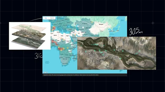 Layers of map displayed on the left and right as satellite aerial, Earth view while the image in the center displays a Google map view of Europe, Asia, Africa and The Middle East to show at risk regions of flooding.
