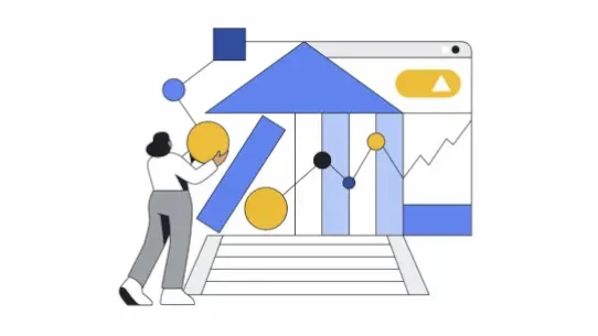 animated person building a structure of blue and yellow shapes