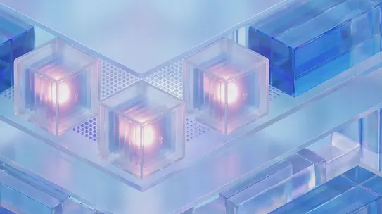 An abstract 3D render of glowing, translucent cubes arranged on layered, semi-transparent blue glass panels.