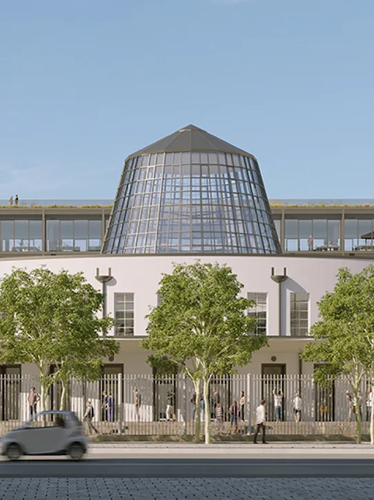 A computer-generated image showing the front-facing view of the new Arnulfpost building in Munich, which has a glass dome with a peaked top.