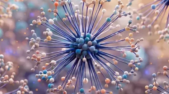 An artistic 3D rendering of microscopic, spherical molecular structures that resemble complex viruses or pollen grains.
