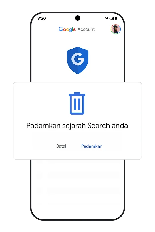 Grafik telefon dengan UI pemadaman aktiviti Carian. 