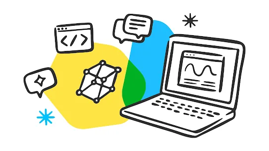 Illustrations of a laptop, an AI spark, messages, code, and a 3-D cube