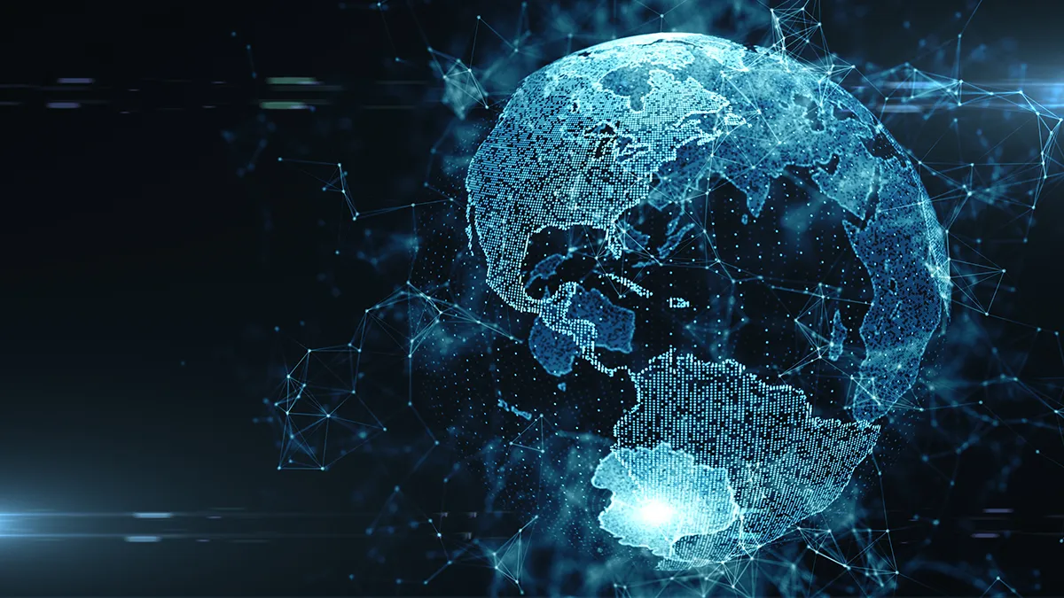 A glowing blue digital Earth formed by data points and surrounded by a network of interconnected lines on a dark background.