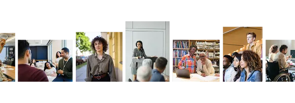 A wide panoramic collage featuring seven distinct photos of diverse individuals in professional and educational settings, including office brainstorming, public speaking, library research, and inclusive team collaboration.