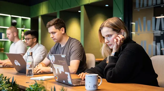 A group of four young professionals are seated at a long wooden communal table in a modern, brightly lit office space, focused on their respective laptops. In the foreground, a woman with blonde hair wears a black ribbed sweater and rests her chin on her hand while looking intently at her screen; a white mug with cactus illustrations sits nearby. To her left, three men are lined up in a row, also working diligently. The office features a vibrant green wall with recessed shelving and integrated lighting in the background, while small green plants line the edge of the desk in the lower foreground, adding a touch of nature to the collaborative workspace.
