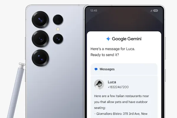 A Samsung Galaxy S25 Series phone displays a message to Luca about Italian restaurants. Above it reads: "Here's a message for Luca. Ready to send it?”