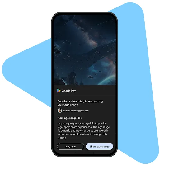 A phone screen shows the user experience when a Google Play app asks an adult user to share their age range