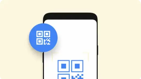 An illustration of a smartphone displaying a large blue and white QR code on its screen. A blue circular icon containing a smaller, stylized white QR code symbol floats to the left of the device, representing the QR code enrollment method.