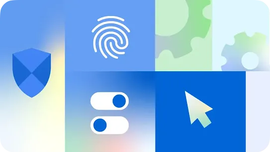 A grid of blue and green safety-themed icons on a soft gradient background. Visible icons include a security shield, a white fingerprint symbol, setting toggles, a computer cursor, and gear wheels, representing protection against scams and fraud.