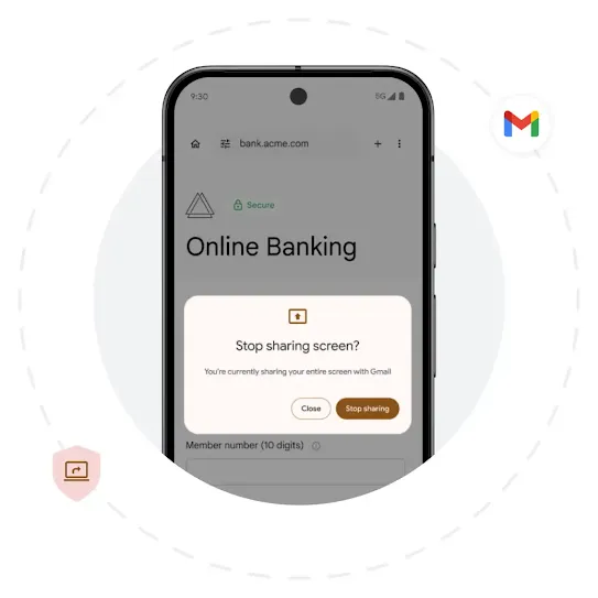A device screen with an image related to Android Enterprise Security, showing security features on a secure network environment.