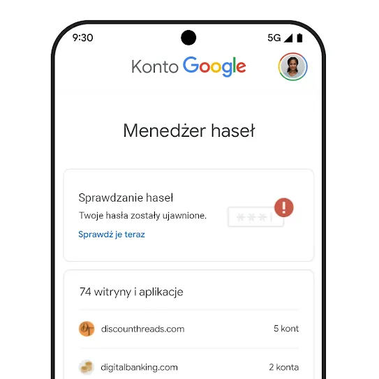 Obraz telefonu z interfejsem sprawdzania haseł.