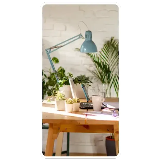 A blue adjustable desk lamp sits on a wooden desk alongside several potted plants, a white mug, a glass of water, and a laptop. The desk is positioned in front of a white brick wall, with sunlight streaming across the surface.