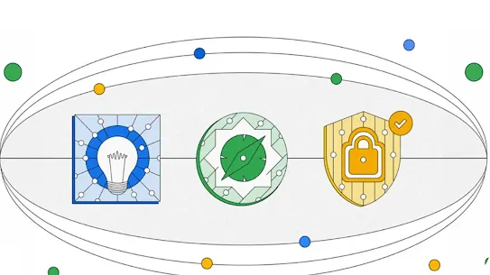 A horizontal oval-shaped orbit illustration containing three circular tech icons: a lightbulb representing innovation, a compass representing navigation, and a yellow shield with a padlock representing security. Small colorful dots orbit the central icons on a grey textured background.