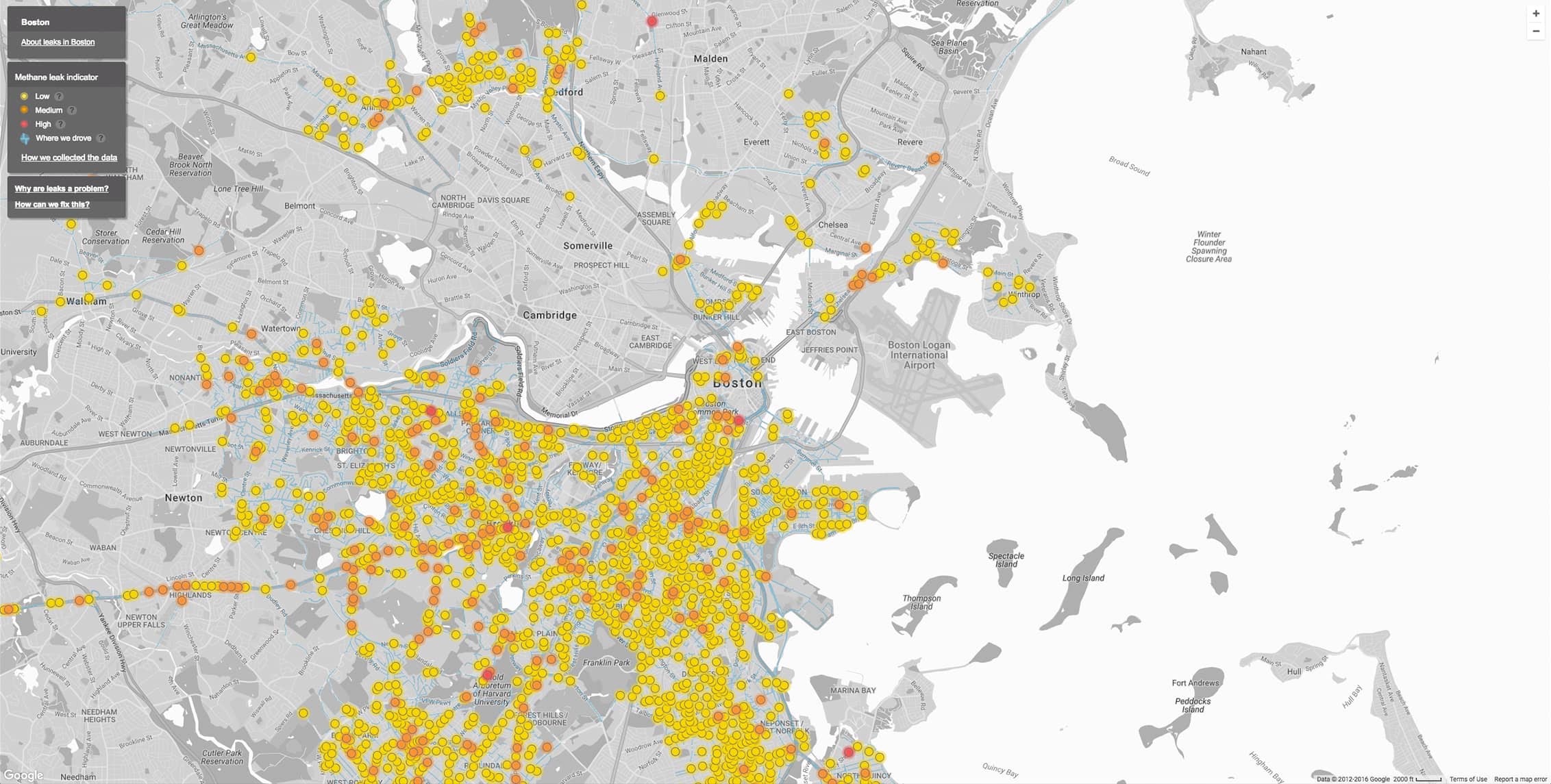 The EDF Methane Maps interface showing methane leaks in Boston