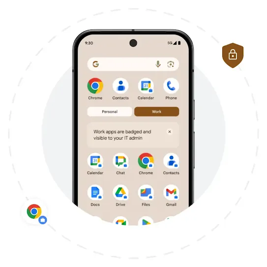 An Android homescreen showing different Google apps. Behind the phone is a grey solid circle and a dashed circle right outside it. Two icons are scattered around the dashed circle. One is Chrome and the other is a brown shield with a white lock in the middle.