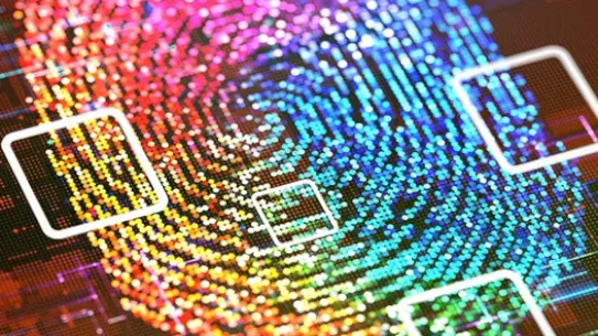 A vibrant, multi-colored digital fingerprint composed of glowing dots and pixels, overlaid with white square framing markers on a dark background. The image represents digital identity and the use of AI in cybersecurity to detect fraud.