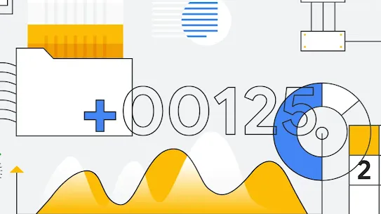 A modern technical illustration featuring various data visualization elements. The graphic includes a large "+00125" counter, a blue circular progress chart, golden-yellow mountain-style area charts, and a red line graph trending upward. Small icons for documents and folders are scattered throughout, representing the use of Google AI for complex aerospace data analysis and innovation.