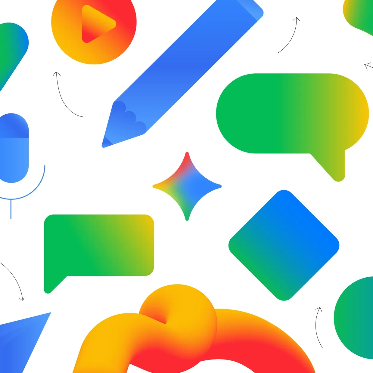 Shapes in blue, red, orange, green with gradients representing AI and literacy