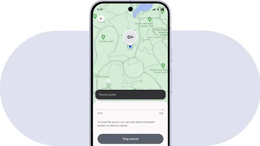 A phone screen shows a pin pulsating behind a key icon on a map. A sound bar line moves to indicate sound is playing.