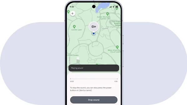 A phone screen shows a pin pulsating behind a key icon on a map. A sound bar line moves to indicate sound is playing.