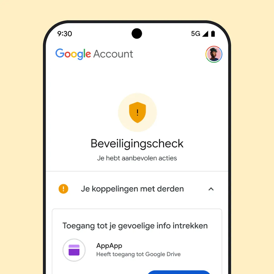 Afbeelding van de UI van de Beveiligingscheck van Google.