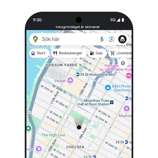 Bild av en smartphone med Google Maps öppet och text på skärmen som visar att inkognitoläget är aktiverat.