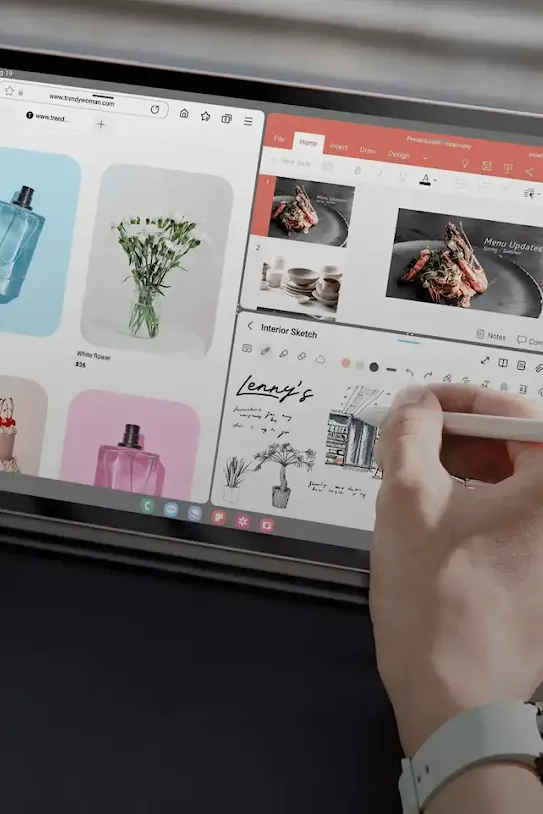A tablet screen displaying multiple tabs including a shopping website window, a presentation, and a sketch in progress.