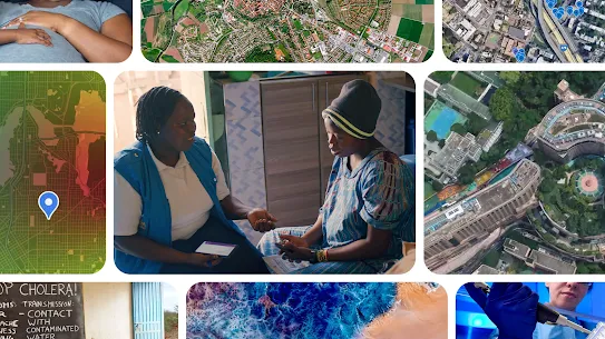 Collage of images of people receiving healthcare, aerial images of land, and scientific research