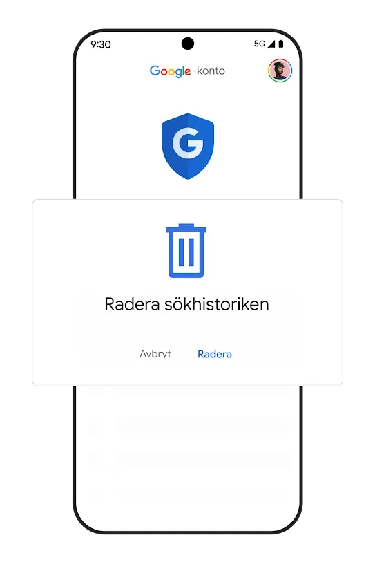 Bild på telefon med användargränssnitt för att radera sökaktivitet. 