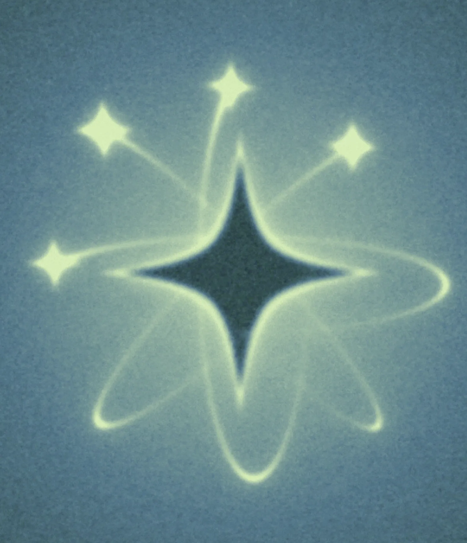 Animated illustration of an atom made of AI sparkle particles rotating around a larger AI sparkle.