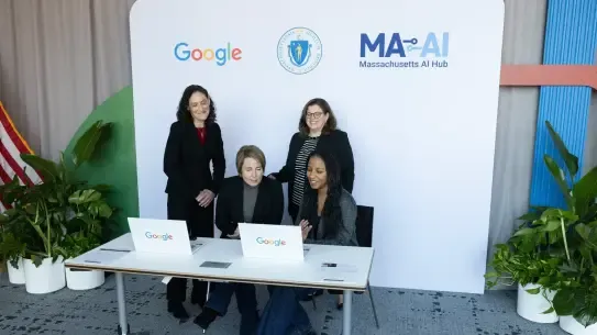Grow with Google founder Lisa Gevelber and Governor Maura Healey meet with Google AI course graduates to discuss their journeys
