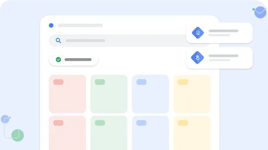 Minimal illustration of a search interface with colorful cards and partner-related notification panels.