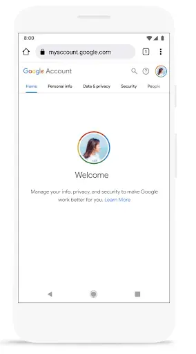 A mobile view of the Google Account "Home" screen. It shows a user's profile picture with a welcome message and navigation tabs for "Personal info," "Data & privacy," and "Security," emphasizing user control over their digital footprint.
