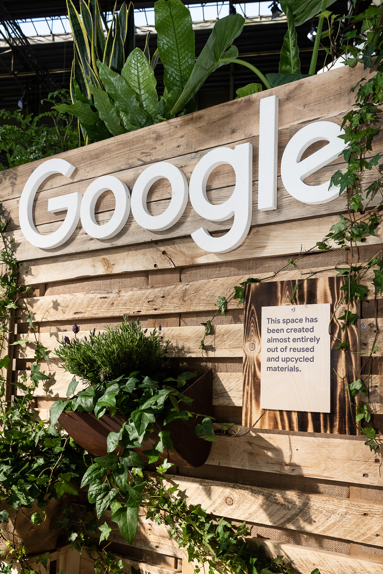 Google’s booth at the Greentech Festival in Berlin, Germany in May 2019 designed by Dusty Reid, Marketing Events Manager for Google Earth. The wood used is from shipping pallets that have been cleaned and sanded, or from demolished houses.
