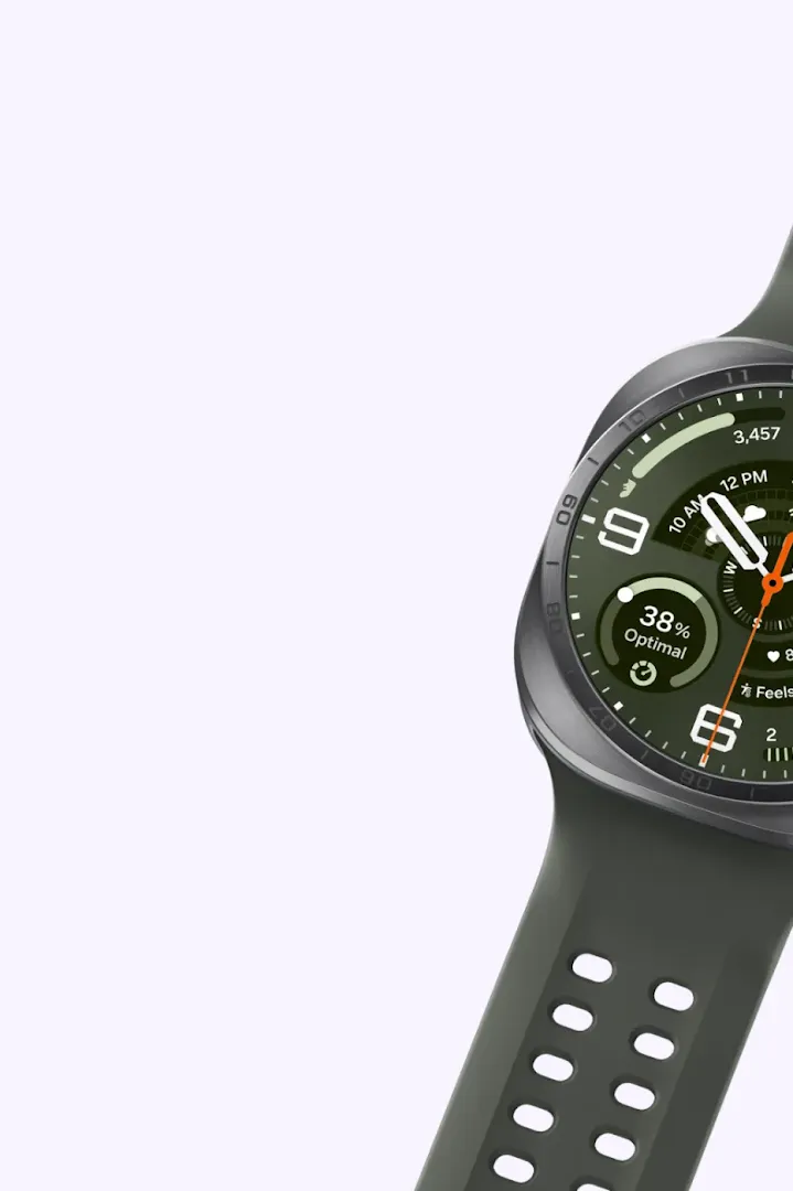 A Samsung Galaxy Ultra 2 watch with a deep green band and titanium casing displays diagonally against a white background. 