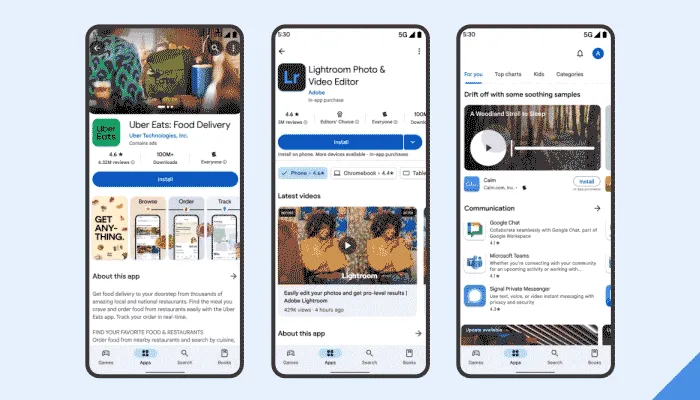 Three phone screens show immersive Play Store listings: Uber Eats with a detailed app description, Adobe Lightroom featuring a video demo, and the Calm app with an audio preview.