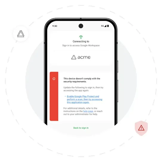 An Android screen shows an example of a security alert. Behind the phone is a grey solid circle and a dashed circle right outside it. Two security icons are scattered around the dashed circle.