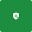 A white minimalist icon featuring a shield with a magnifying glass in the center, set against a solid green square background with rounded corners.
