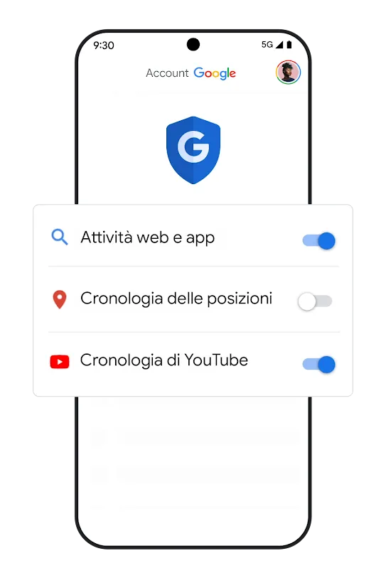 Illustrazione di uno smartphone con le opzioni di attivazione/disattivazione delle impostazioni della cronologia.