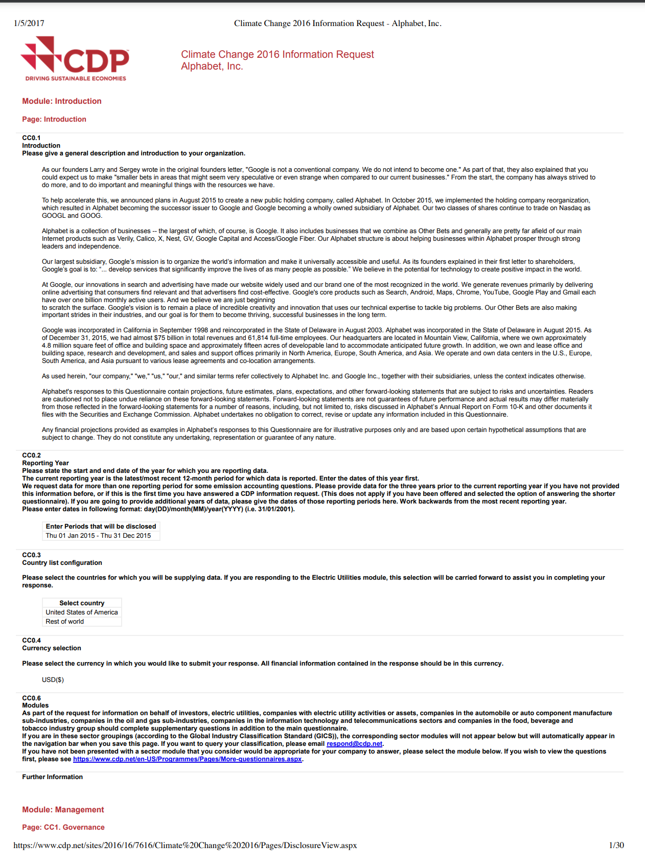 Cover image of Alphabet's 2016 CDP Climate Change Response