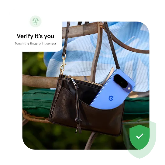 A graphic overlay displays a fingerprint icon with the text 'Verify it's you' and a green shield with a checkmark.