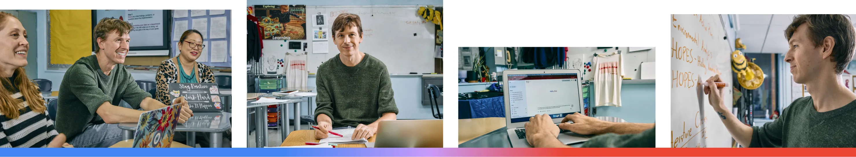 A four-part collage featuring educator Eric V. in a New York City classroom. It shows him collaborating with colleagues at a desk, a professional portrait of him at his workspace, a close-up of him using a laptop, and Eric writing lesson plans on a whiteboard.