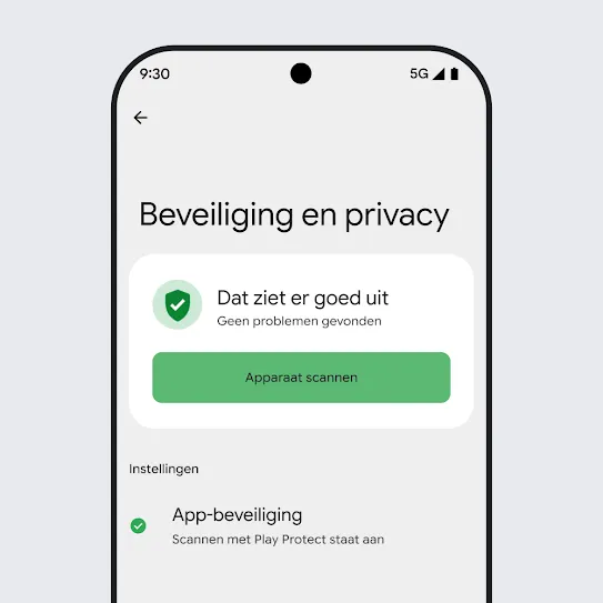 Visuele weergave van een smartphonescherm met Android OS en de Veiligheids- en privacyinstellingen geopend. Hierop staan de resultaten van een apparaatscan en de beveiligingsinstellingen voor apps.