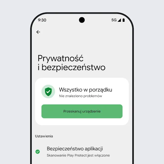 Ilustracja przedstawiająca ekran smartfona z systemem operacyjnym Android, w którym otwarte są ustawienia bezpieczeństwa i prywatności oraz wynik skanowania urządzenia i opcja Bezpieczeństwo aplikacji.