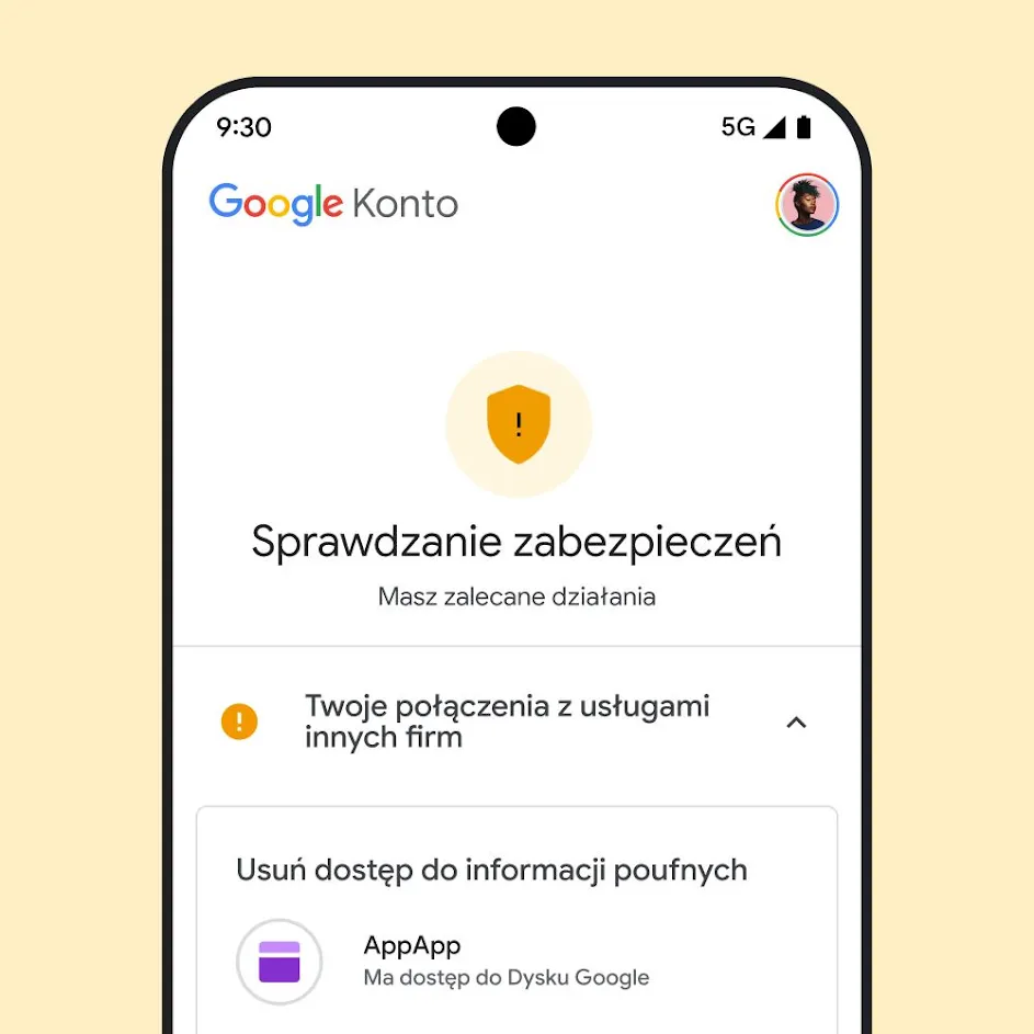 Interfejs funkcji Sprawdzanie zabezpieczeń Google.