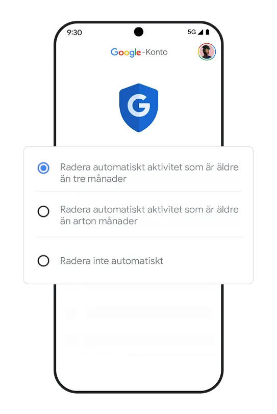 Bild på telefon med fönster för inställningar för automatisk radering.