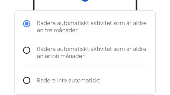 Bild på telefon med fönster för inställningar för automatisk radering.